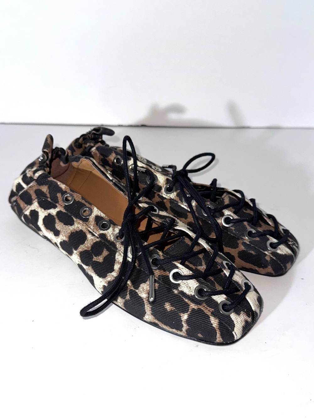 Ganni Lace Up Leopard Ballerina Flats
